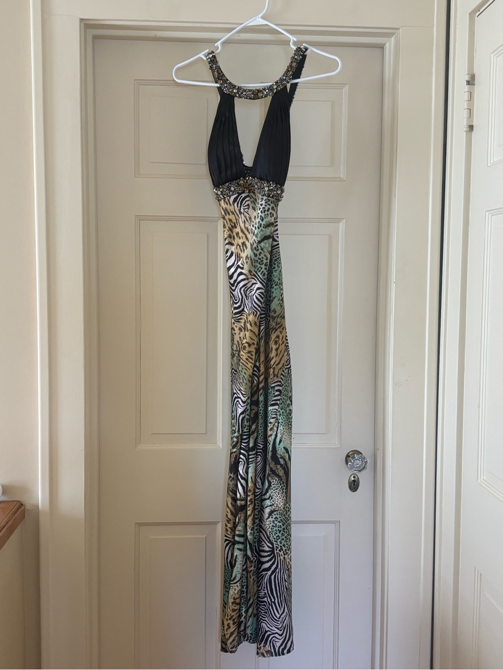 Embellished Black and Animal Print Formal Dress - Petite